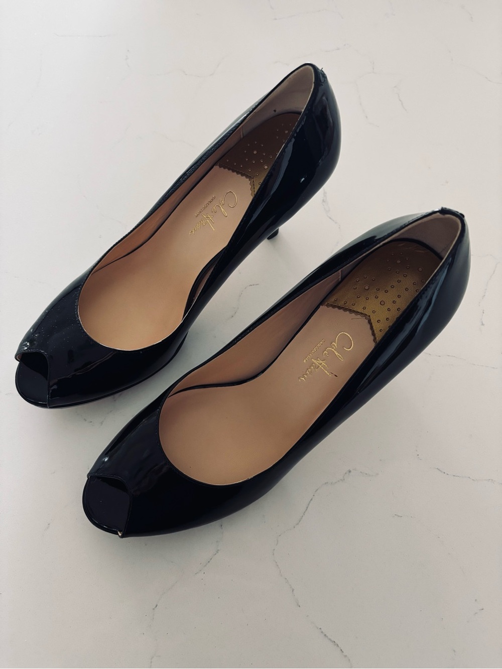 Cole Haan Black Patent Peep-Toe Heels